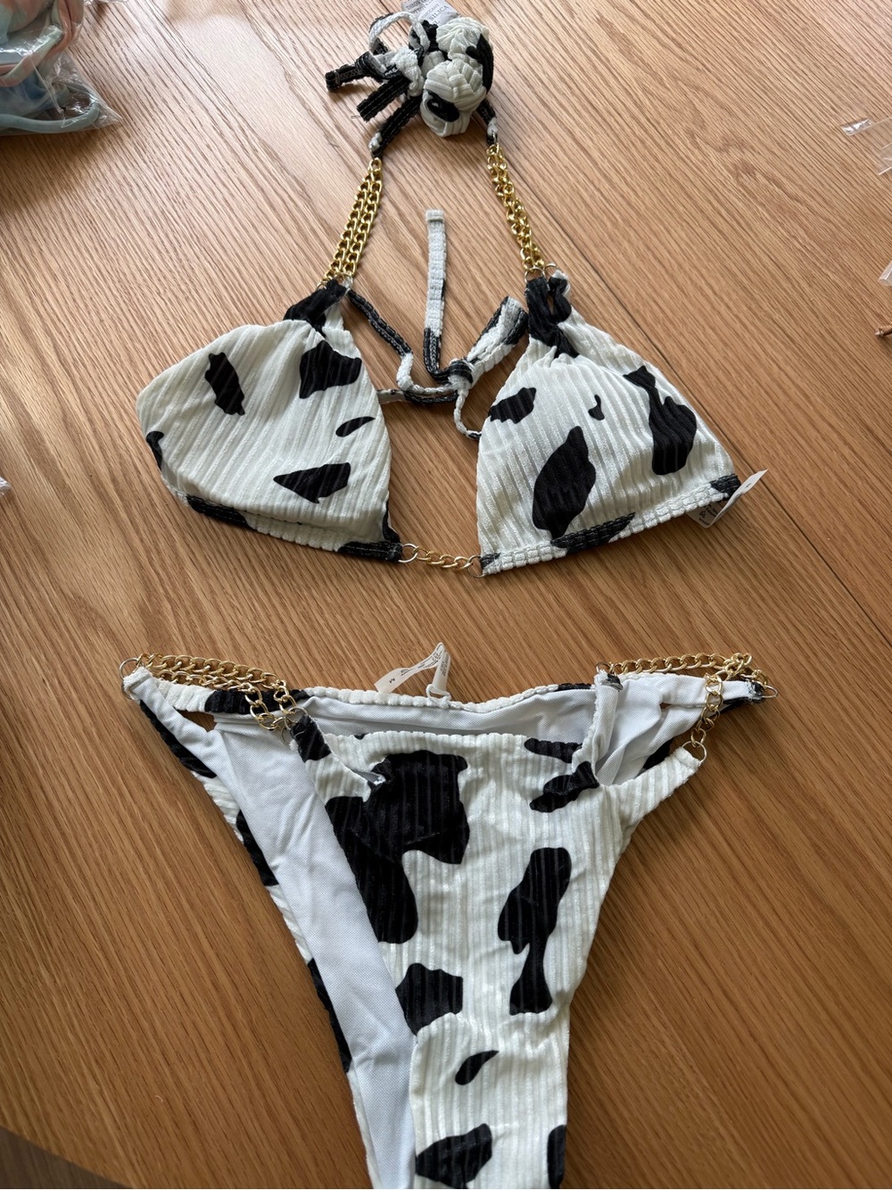Cow Print Chain-Accent Triangle Bikini Set in White & Black